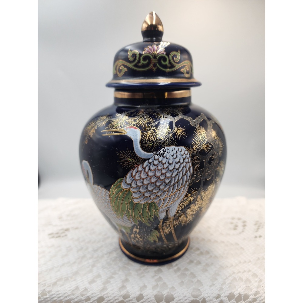 Ardco Japan Cobalt Blue Porcelain‎ Ginger Jar Crane Gold Pine Tree Urn Lid